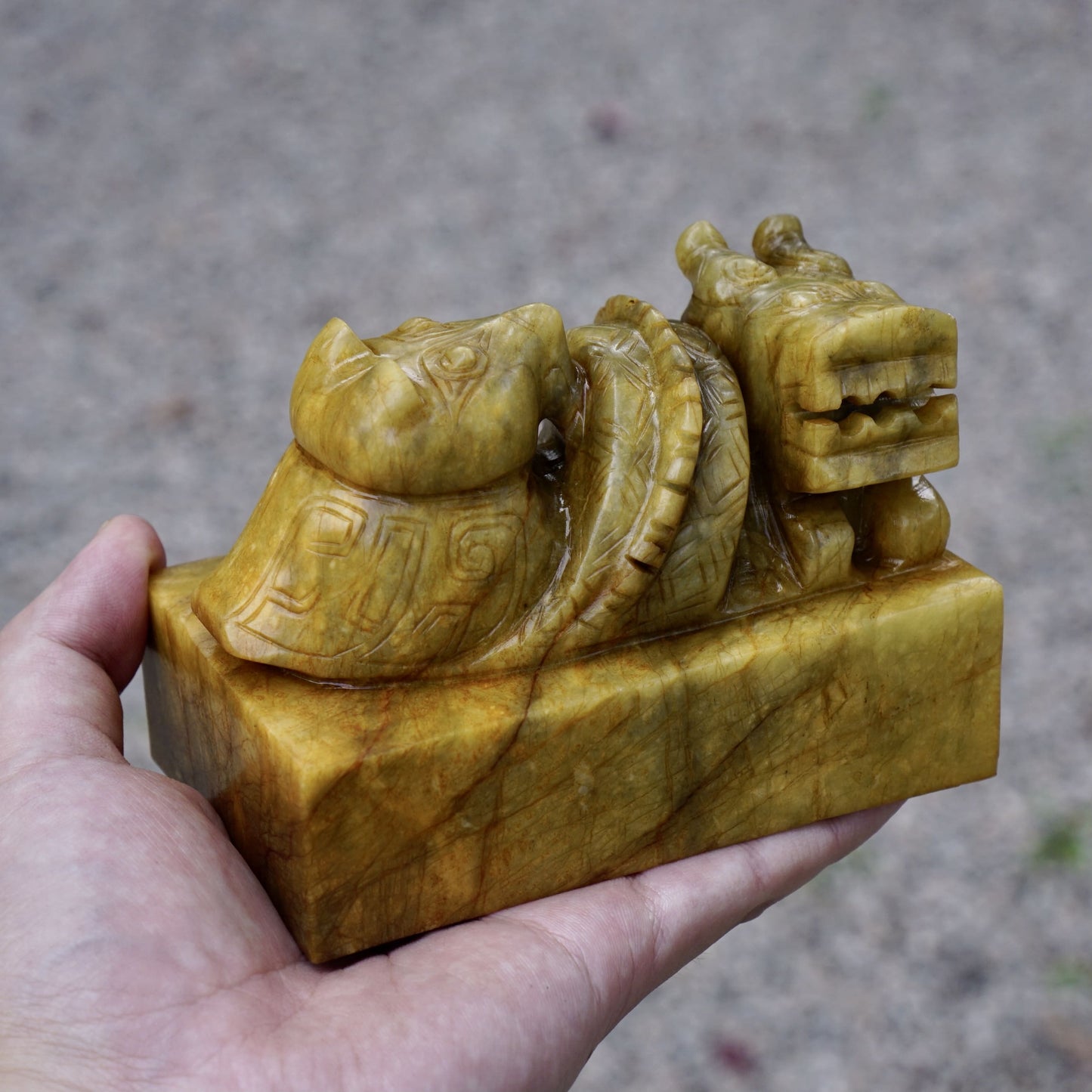 A jade seal with round-carved owl and dragon